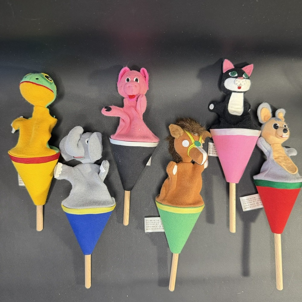 6 VTG Moravska Ustredna Czech Cone Puppet Pop Up Lot Animals 8' Wooden Rods